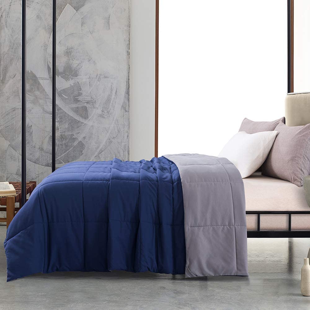 Microfiber Reversible Comforter, Double Bed with Corner Loops, Blue & Grey